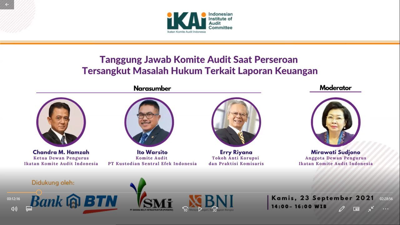 Webinar “Tanggung Jawab Komite Audit Saat Perseroan Tersangkut Masalah Hukum Terkait Laporan Keuangan” tanggal 23 September 2021